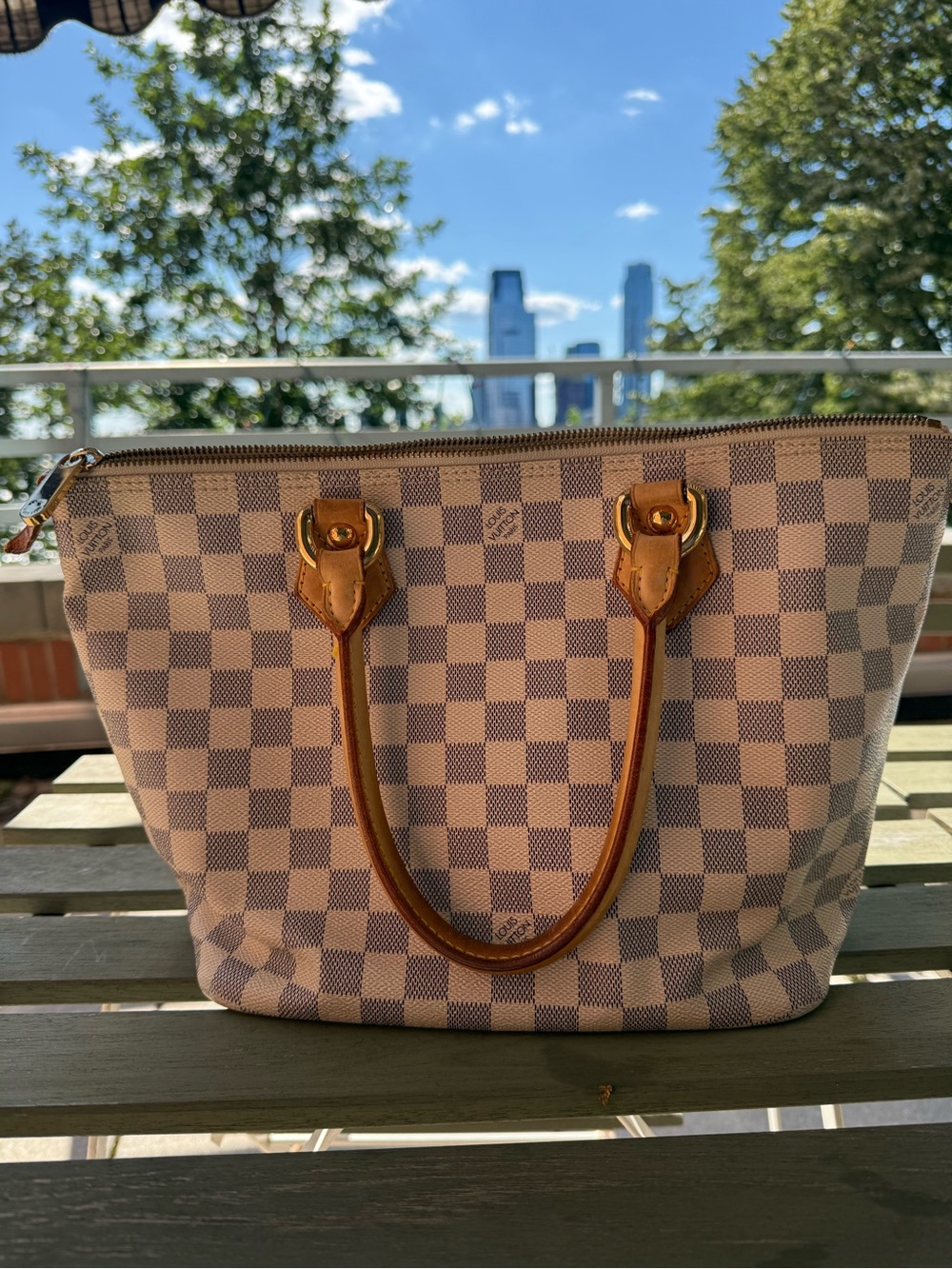 Louis Vuitton Damier Azur Saleya PM Canvas Tote in Cream and Tan with Gold